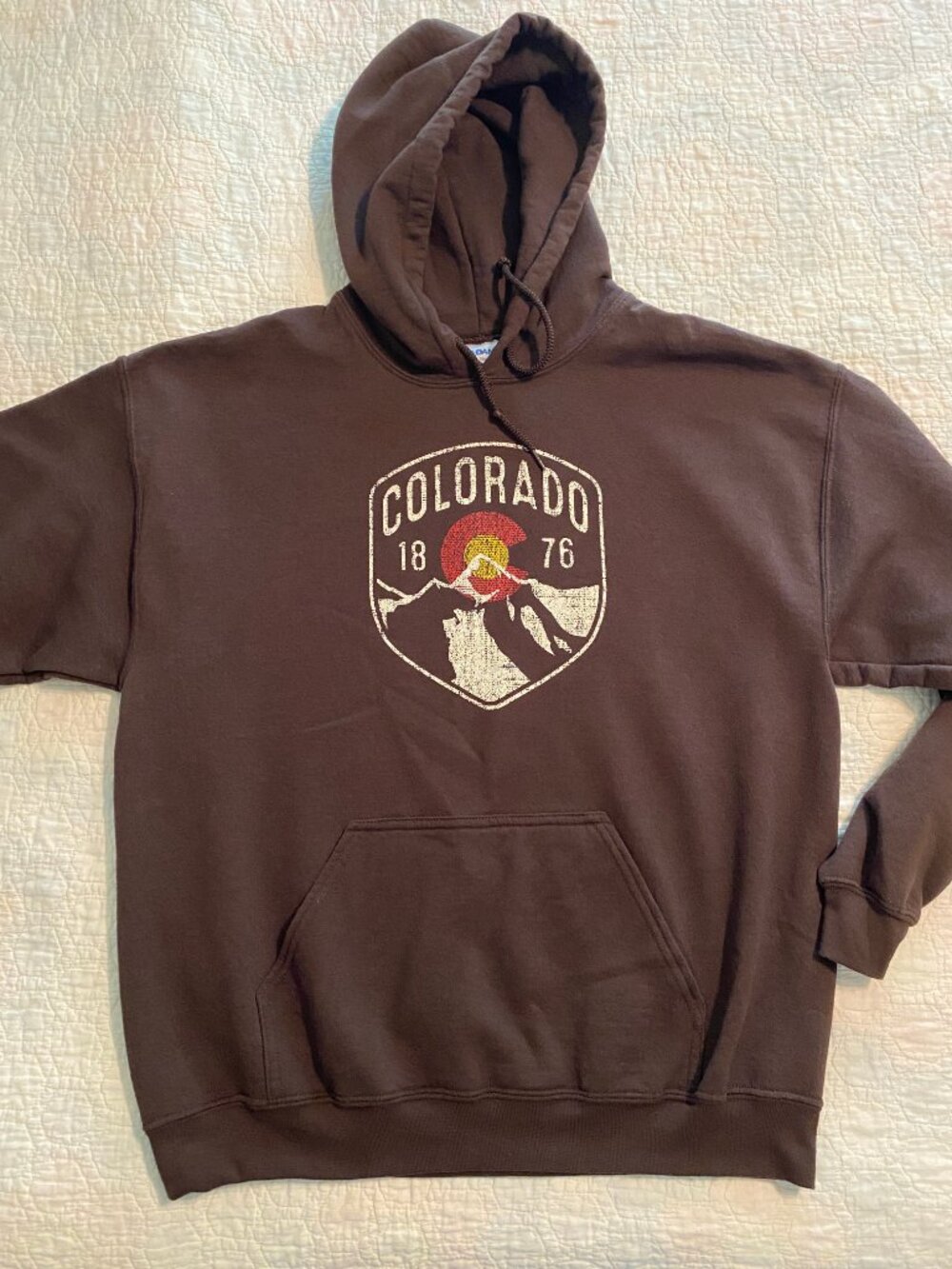 Gildan Colorado Sweatshirt - Men's Large - 1876 Mountain Graphic Brown Hoodie